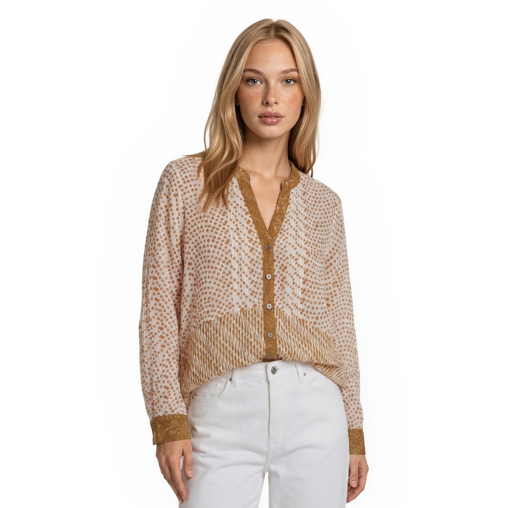 Soft Surroundings Blouse Top Women's Size Medium Ochre White Mixed Print Button‎